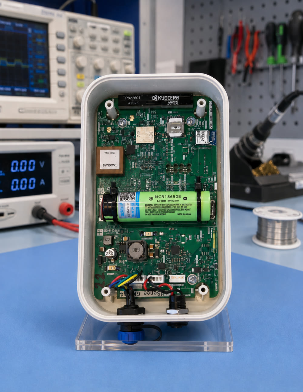 Inside the VoltSense monitoring device — main board with nRF9151 cellular module, BLE module and 18650 Li-ion cell