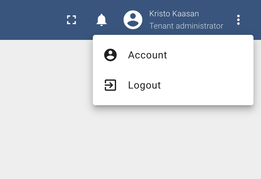 Clicking the account icon opens a menu with Account and Logout options
